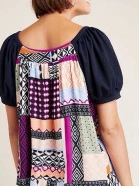 Anthropologie Maeve  Navy Puff-Sleeve Tunic with Multicolor Patchwork Back